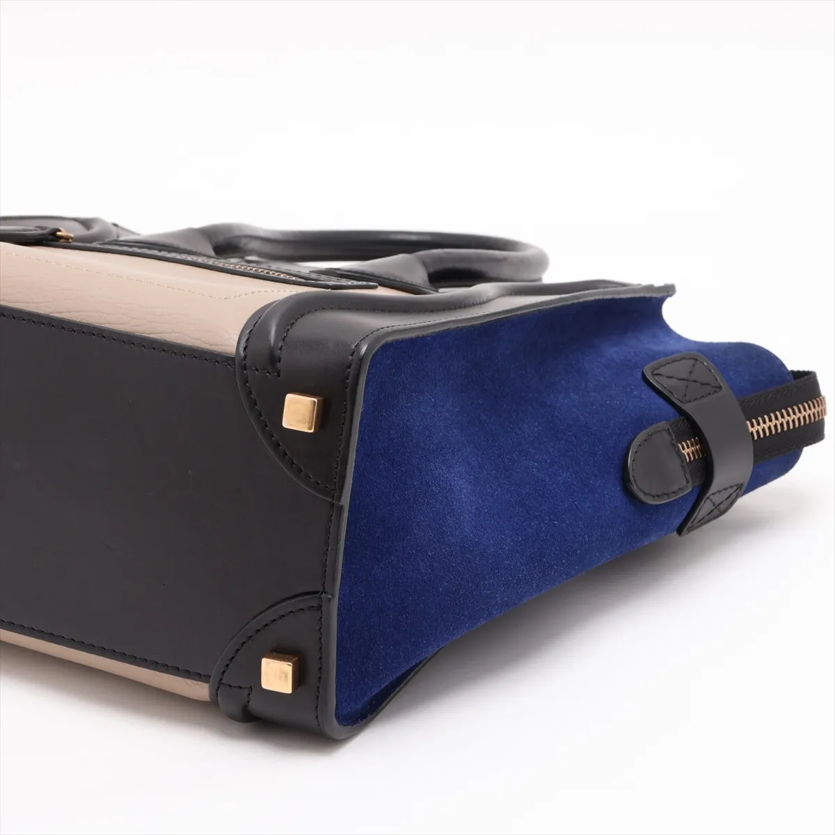 Luggage Micro Shopper Leather Handbag, Beige x Blue x Black — view 3