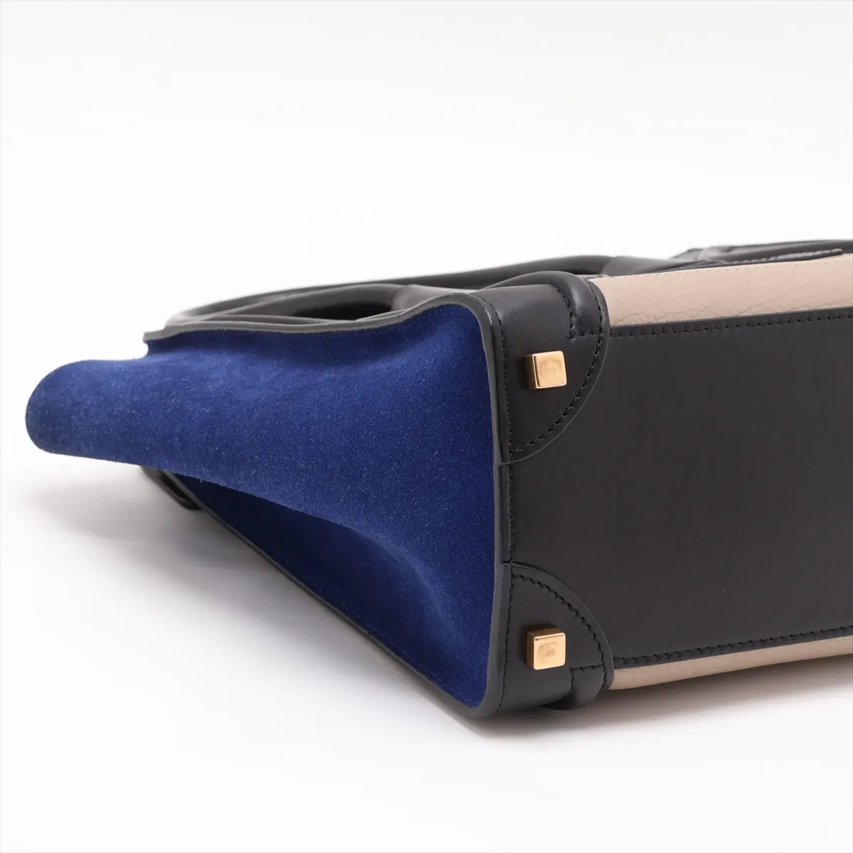 Luggage Micro Shopper Leather Handbag, Beige x Blue x Black — view 4