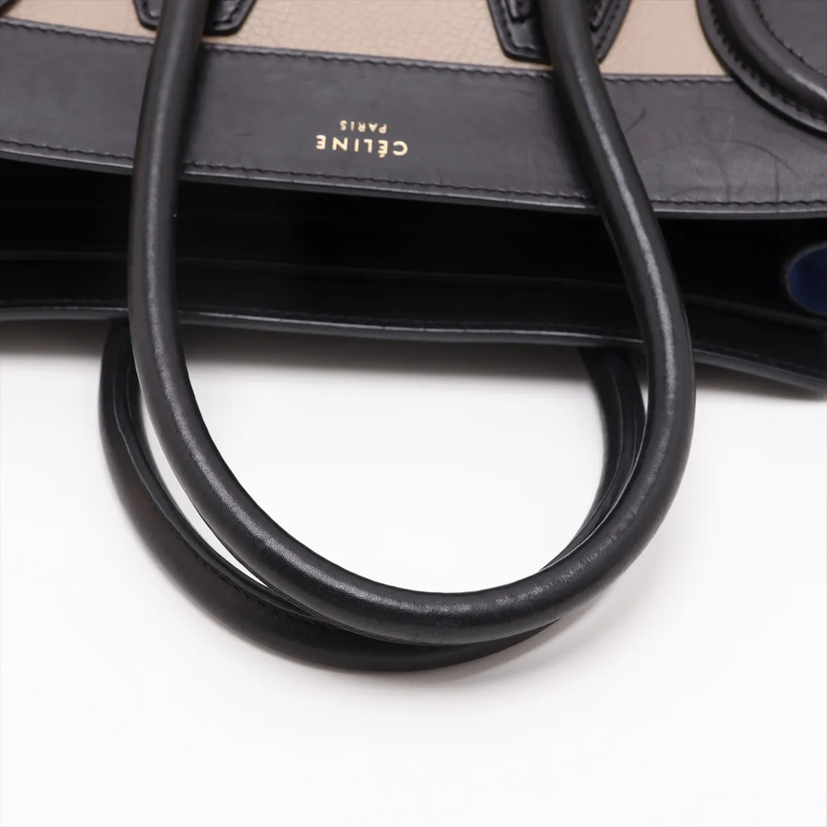 Luggage Micro Shopper Leather Handbag, Beige x Blue x Black — view 5