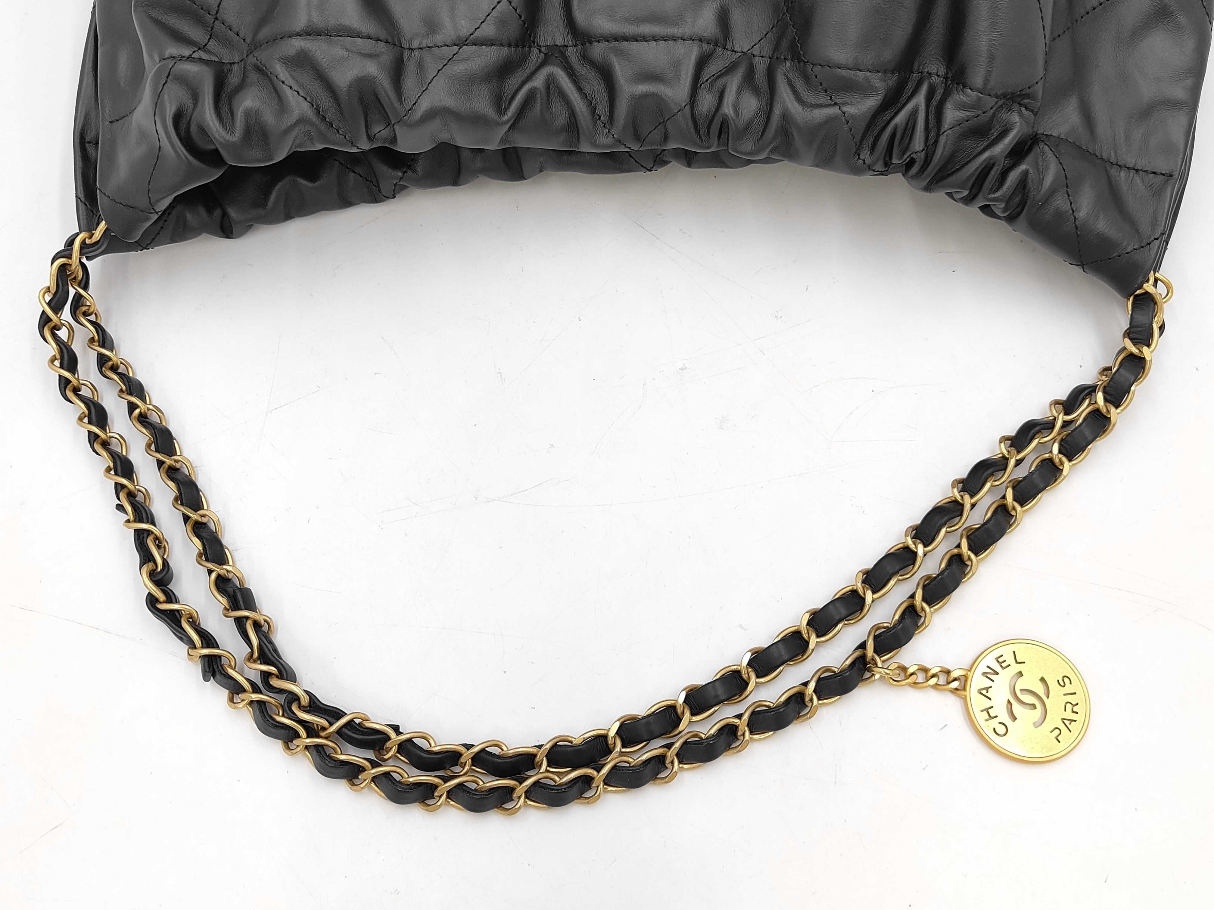 22 Shiny Calfskin Chain Shoulder Bag with Gold Hardware and Pouch, Serial Number Plate, Black Bag — view 6
