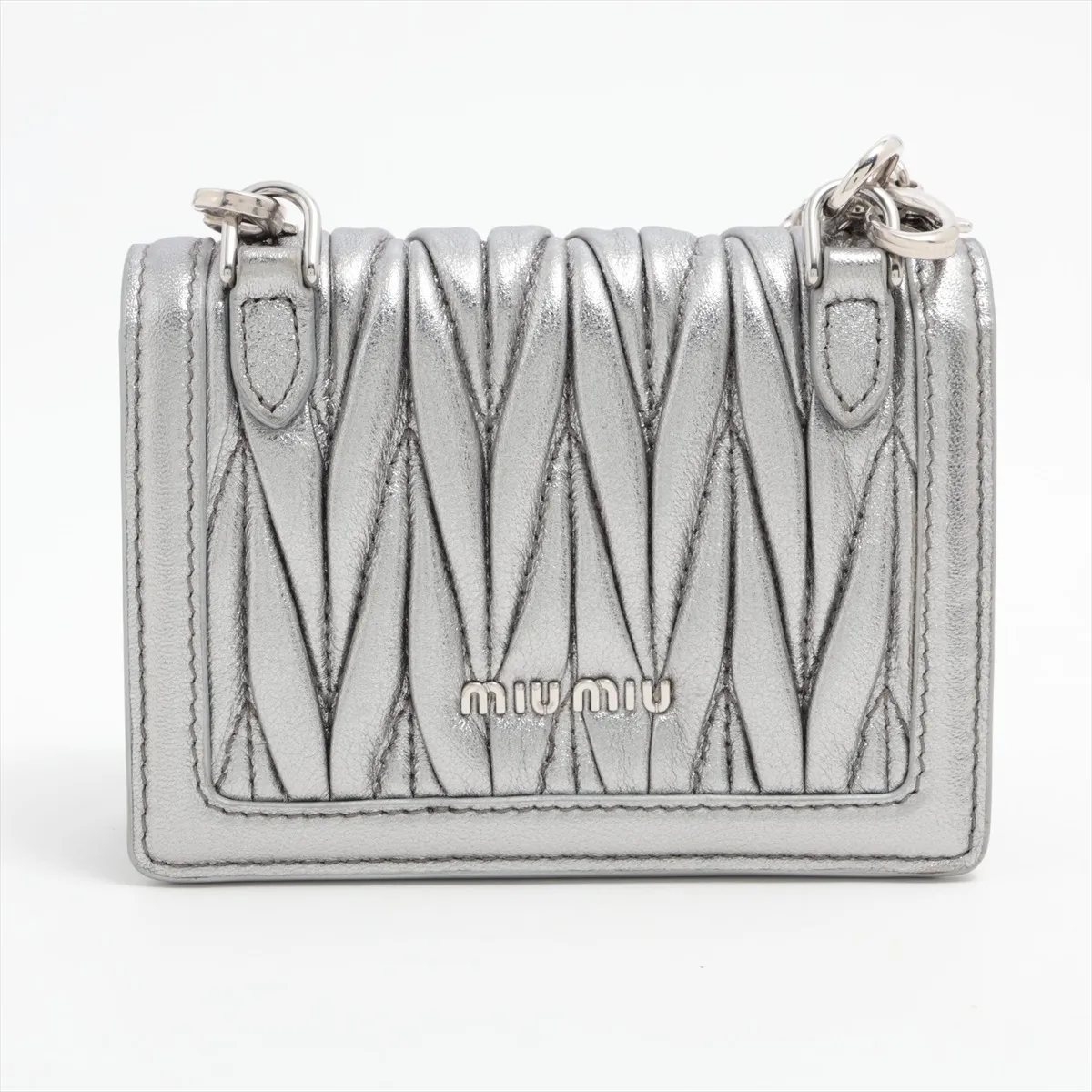Matelassé Leather Chain Wallet, Silver — view 2