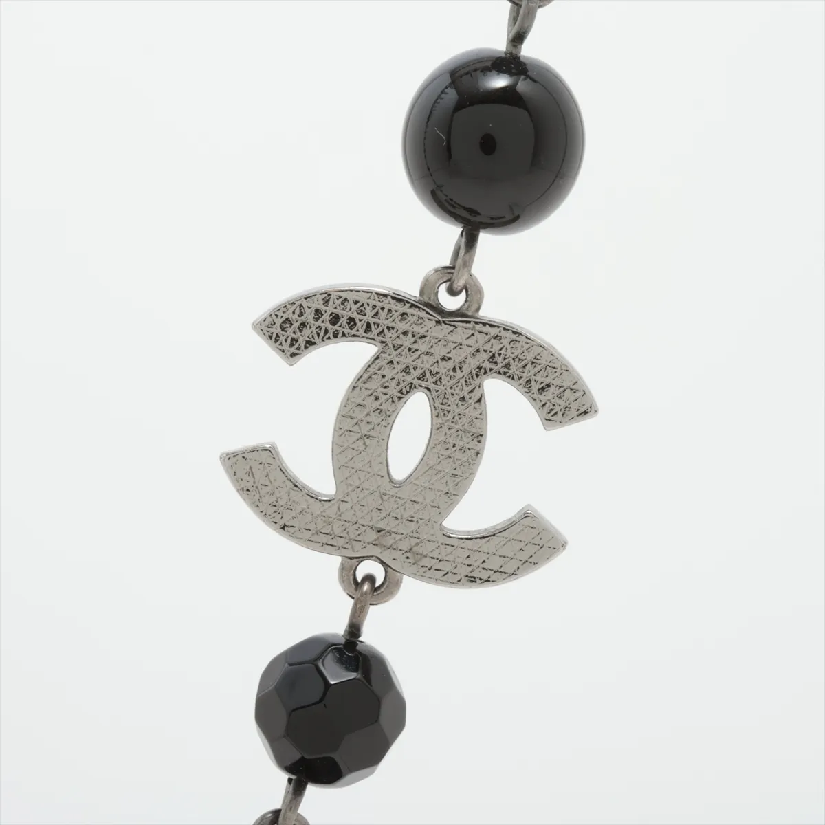 Coco Mark A13V Long Necklace, Metal x Faux Pearl, Black x Silver. Shows signs of wear, — view 2