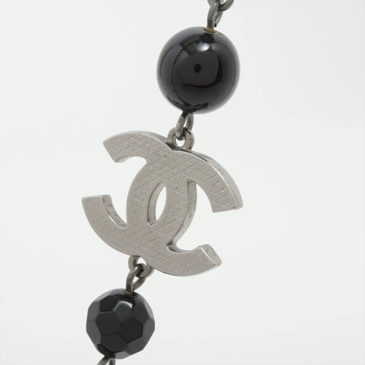 Coco Mark A13V Long Necklace, Metal x Faux Pearl, Black x Silver. Shows signs of wear, — view 3