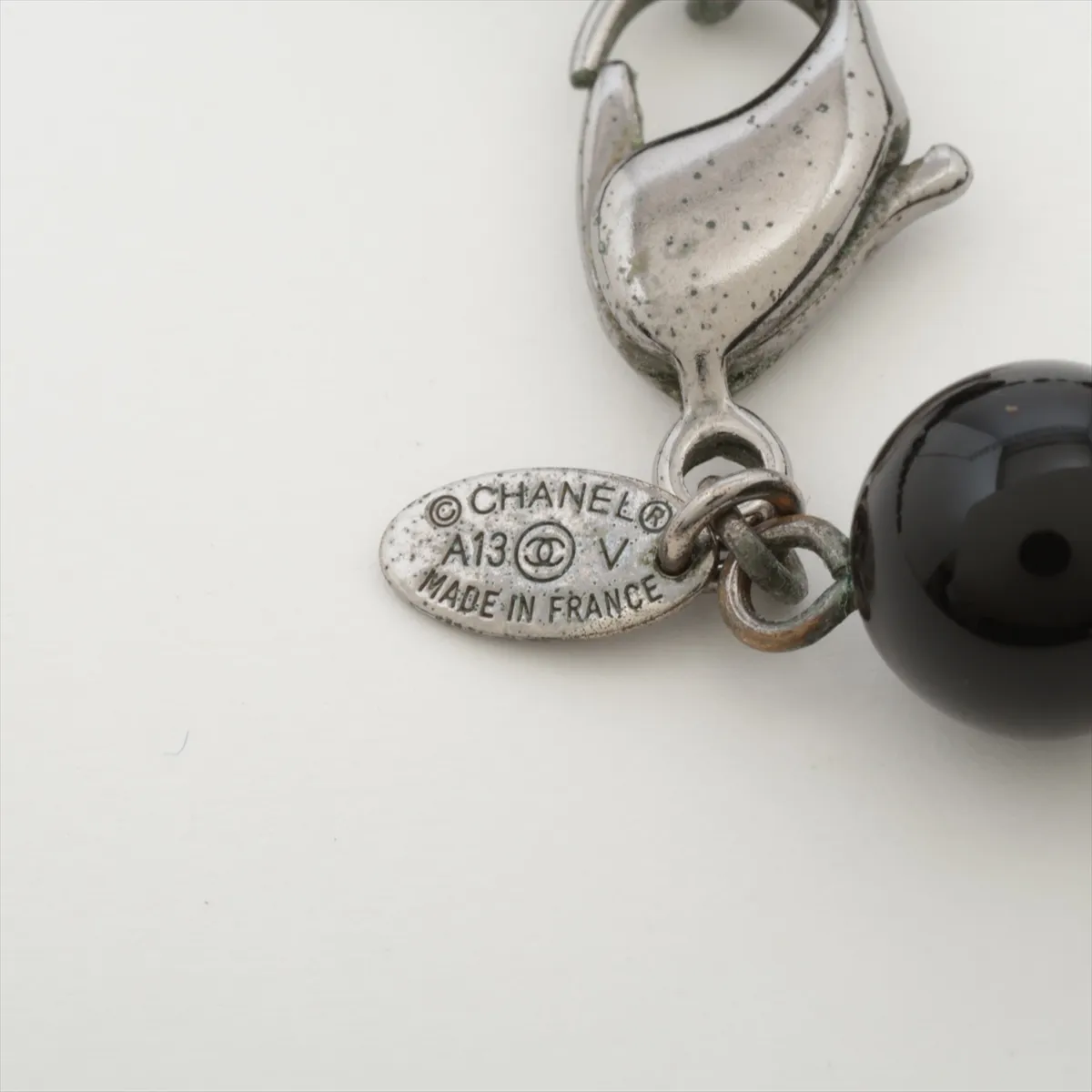 Coco Mark A13V Long Necklace, Metal x Faux Pearl, Black x Silver. Shows signs of wear, — view 5