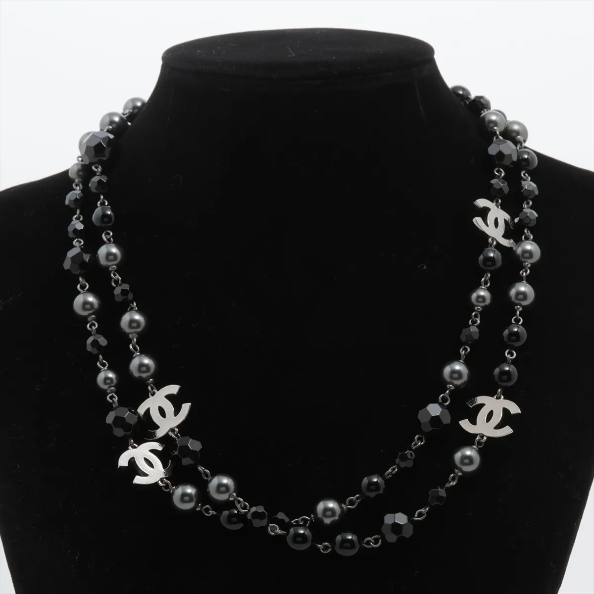 Coco Mark A13V Long Necklace, Metal x Faux Pearl, Black x Silver. Shows signs of wear, — view 6
