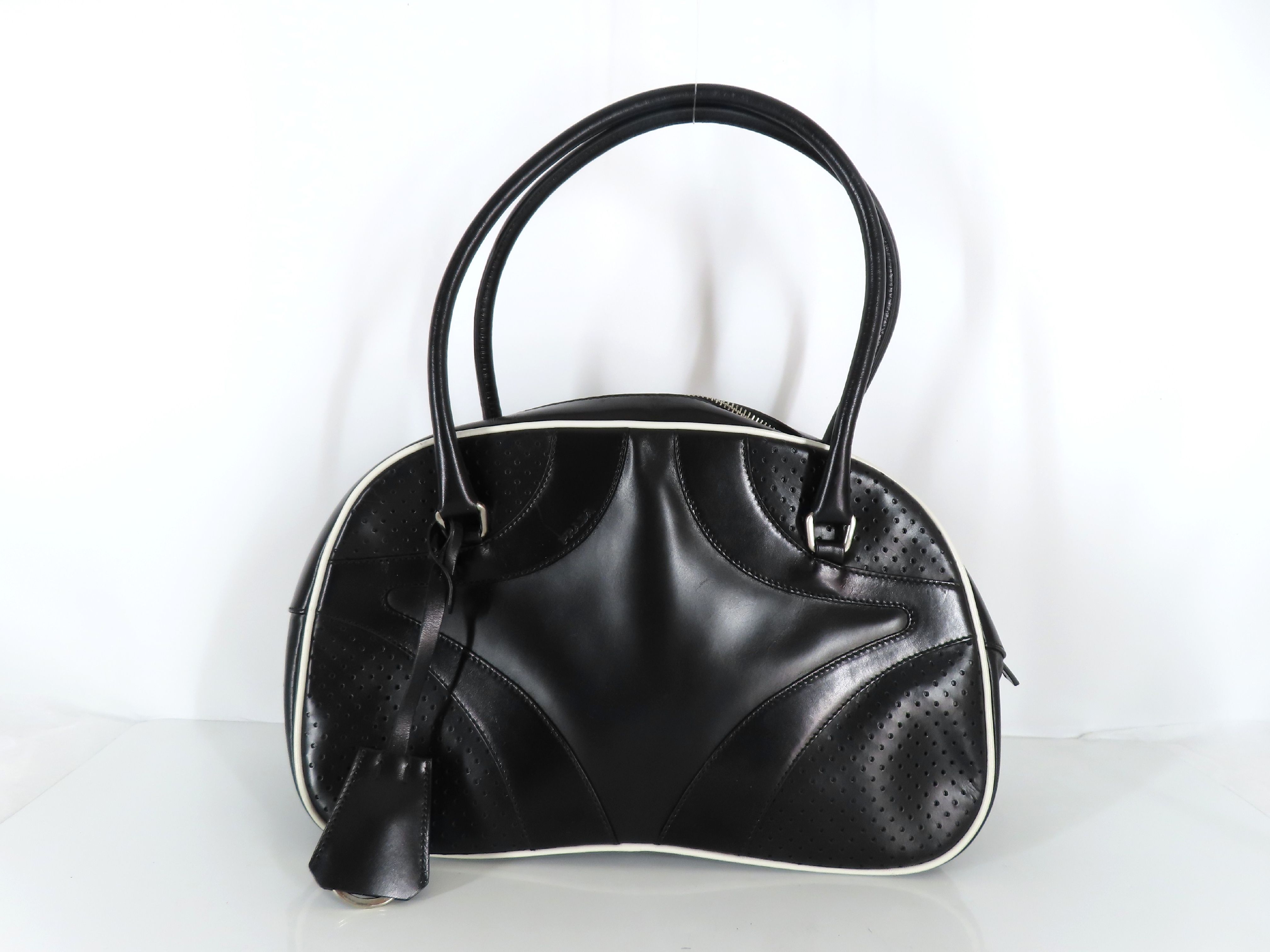 handbag, bowling bag, perforated leather handbag