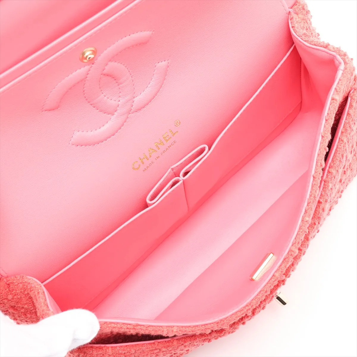 [Individually packaged] Chanel Matelassé 25 Tweed x Lambskin Double Flap Double Chain Bag Pink Gold Hardware K898EA0J Random Plate A01112 — view 7