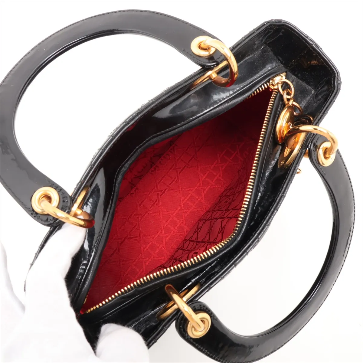 Lady Dior Cannage Patent Leather Handbag, Black — view 7