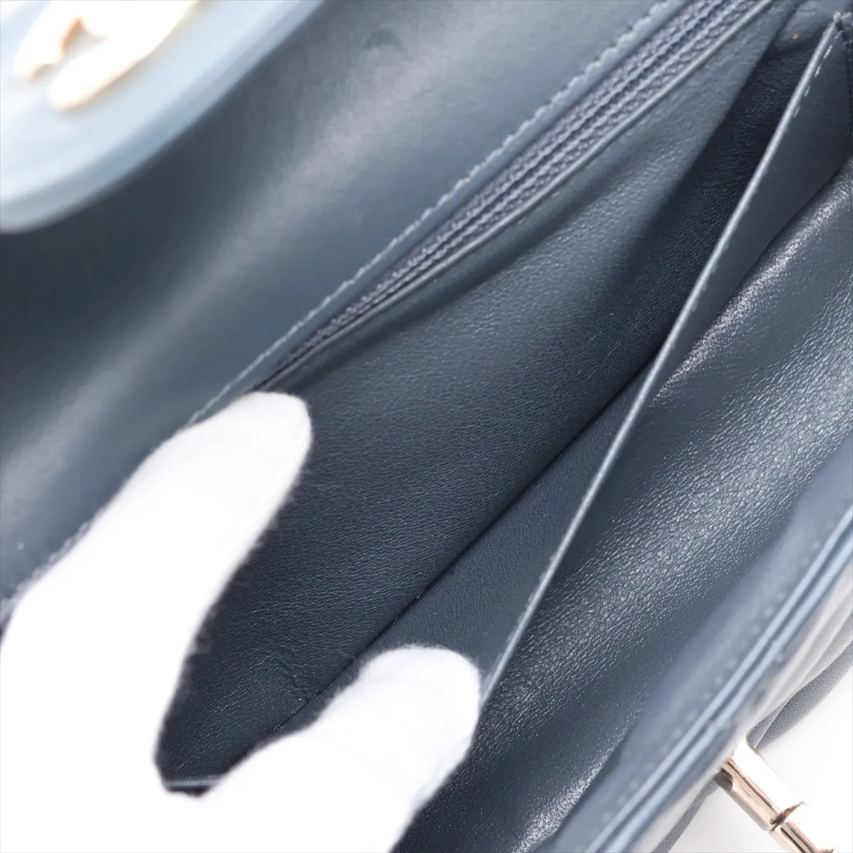 Chevron Lambskin Single Flap Single Chain Bag, V-stitch, Navy, Gold Hardware, 26650034, Serial Number 26 — view 8