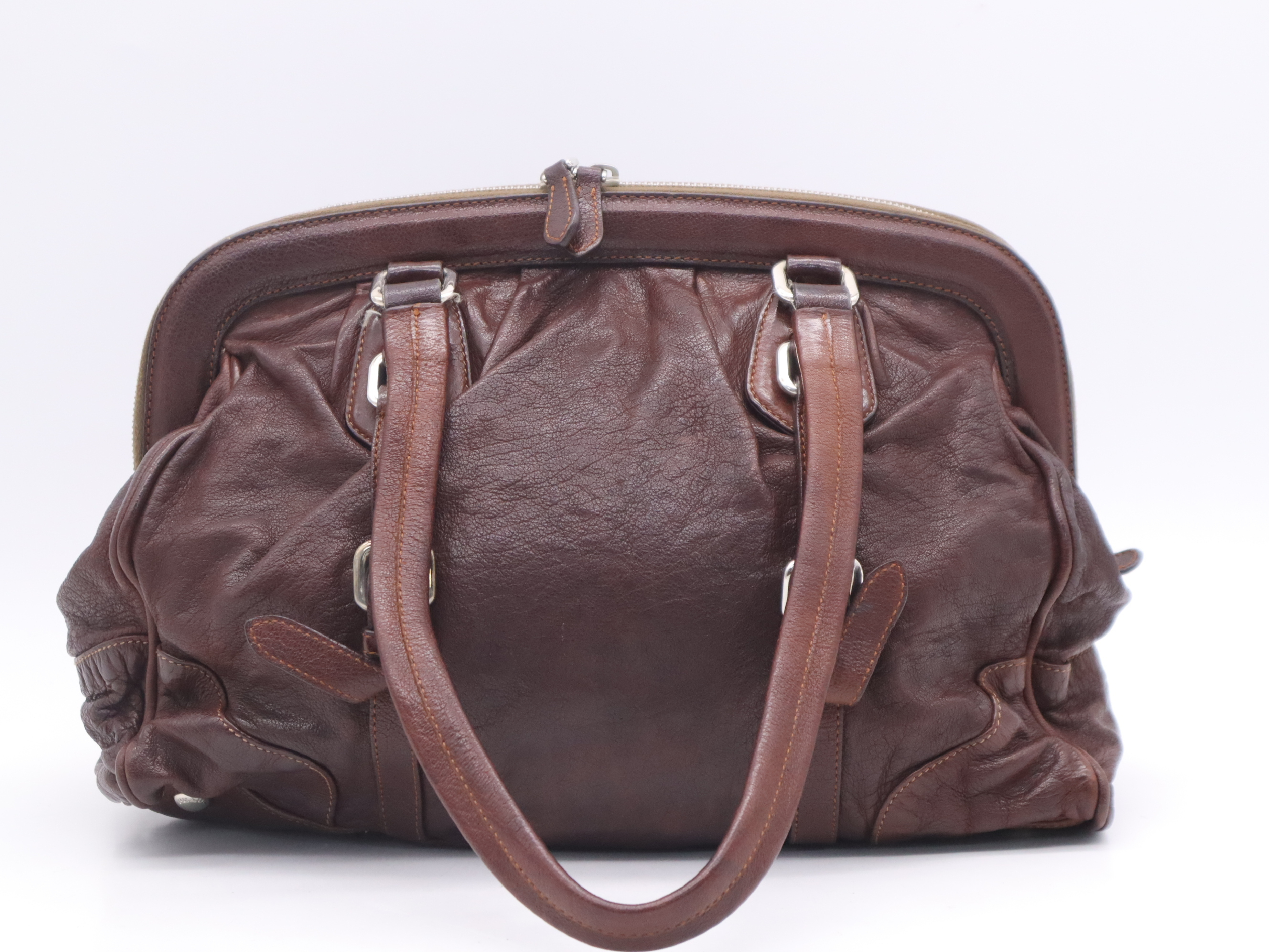 Leather Handbag, Brown, Silver Hardware — view 2