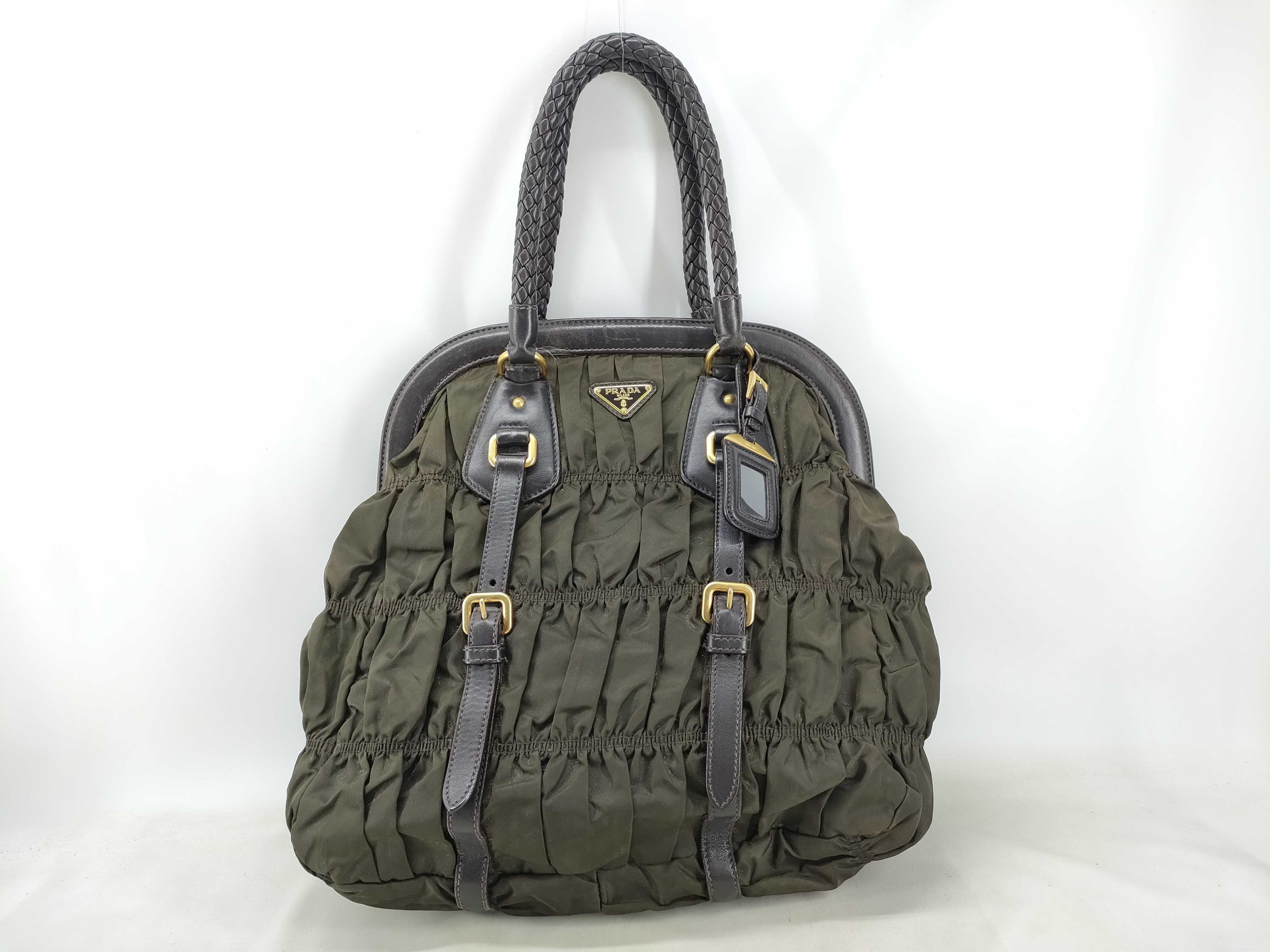 Nylon Gathered Triangle Logo Tote Bag with Braided Handles