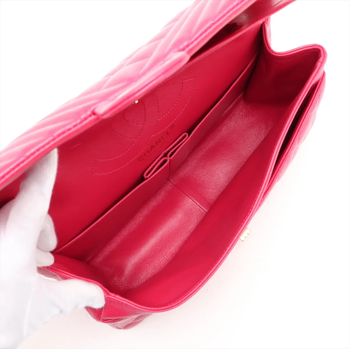 2.55 Caviar Skin Double Flap Double Chain Bag, Pink with Gold Hardware, 23528398, serial number in the 23 range. — view 7