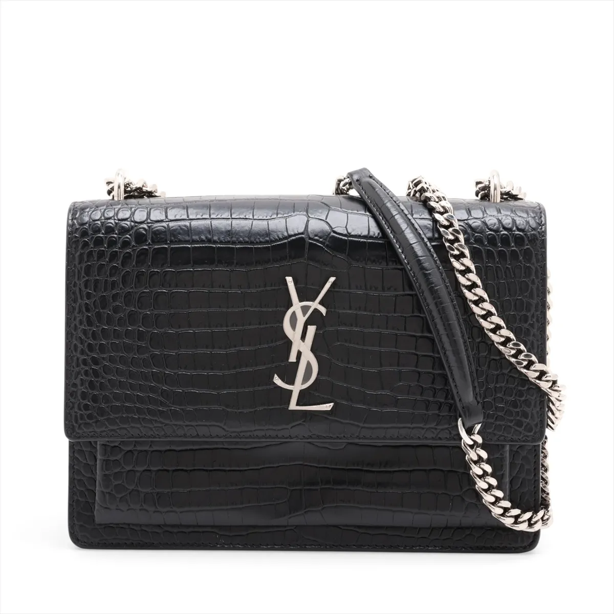 Sunset Crocodile Embossed Chain Shoulder Bag, Black 442906