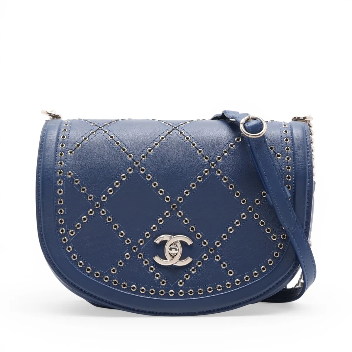Coco Eyelet Leather Chain Shoulder Bag, Blue, Silver Hardware, 25141336, Serial Number 25