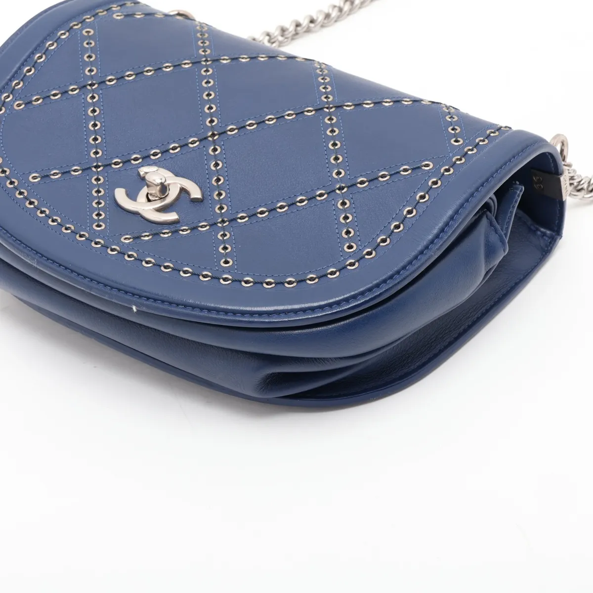 Coco Eyelet Leather Chain Shoulder Bag, Blue, Silver Hardware, 25141336, Serial Number 25 — view 3