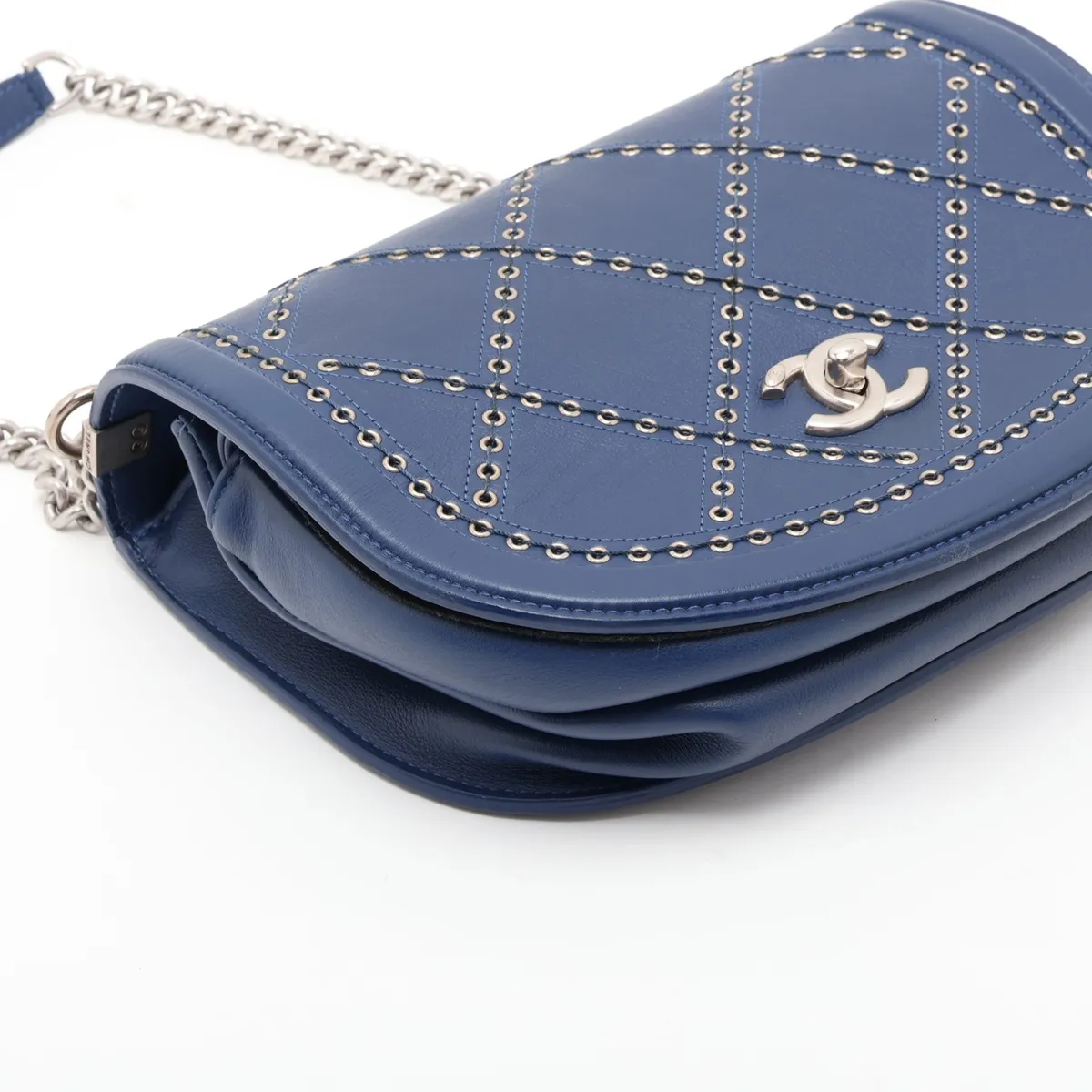 Coco Eyelet Leather Chain Shoulder Bag, Blue, Silver Hardware, 25141336, Serial Number 25 — view 4