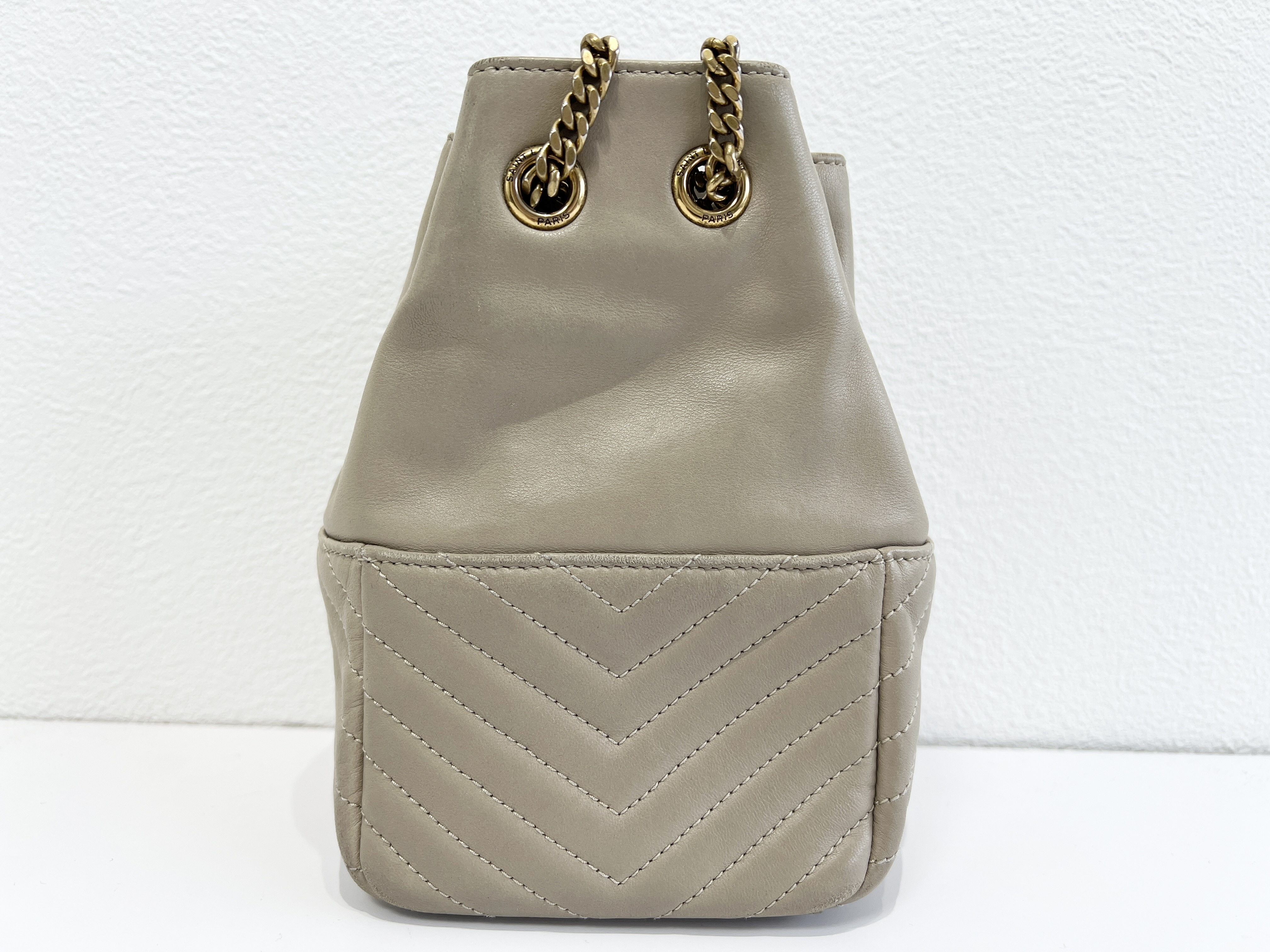 Cassandra Logo Joe Drawstring Bucket Quilted V-Stitch Chevron Leather Chain Shoulder Bag — view 2