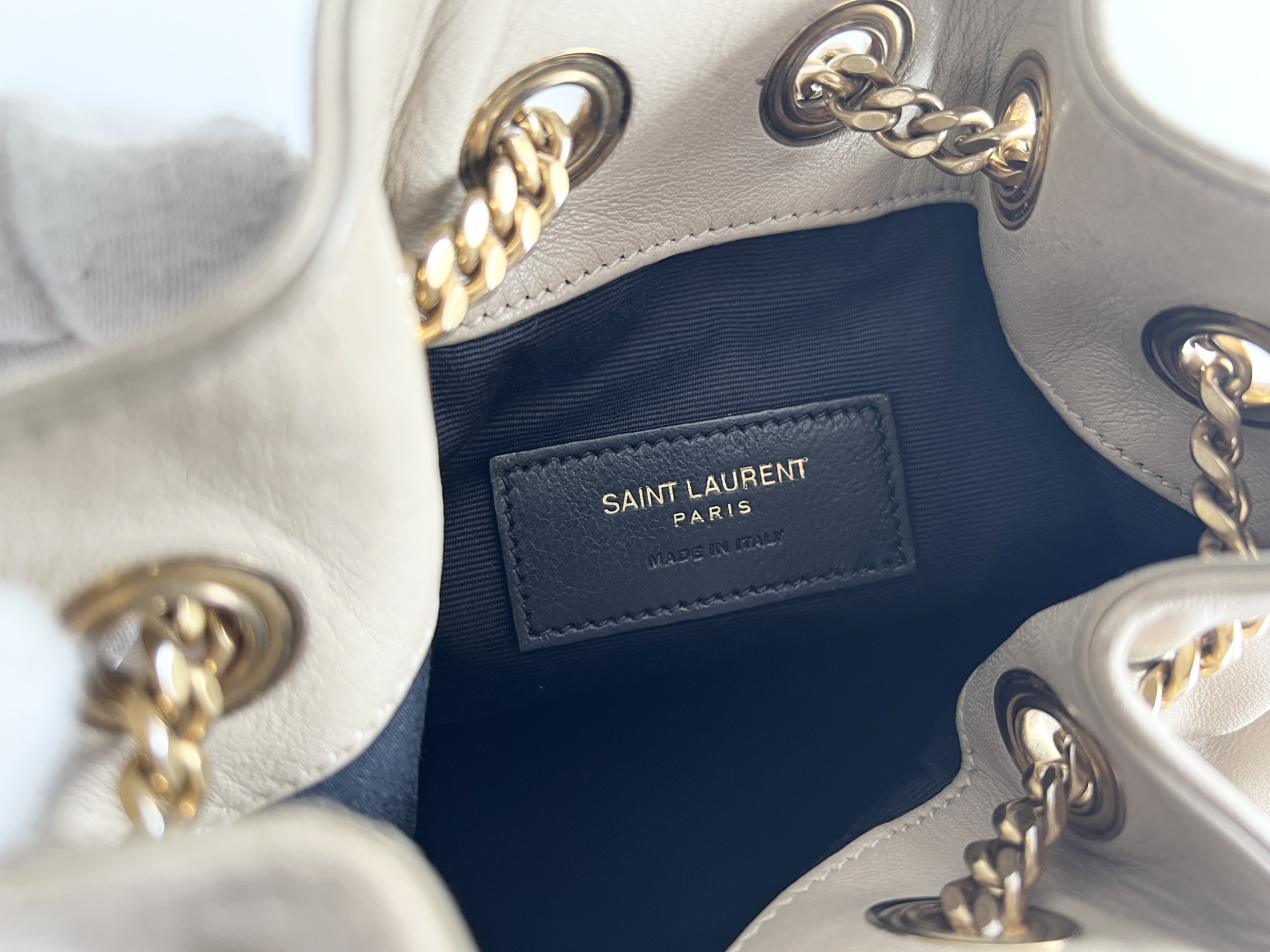 Cassandra Logo Joe Drawstring Bucket Quilted V-Stitch Chevron Leather Chain Shoulder Bag — view 6