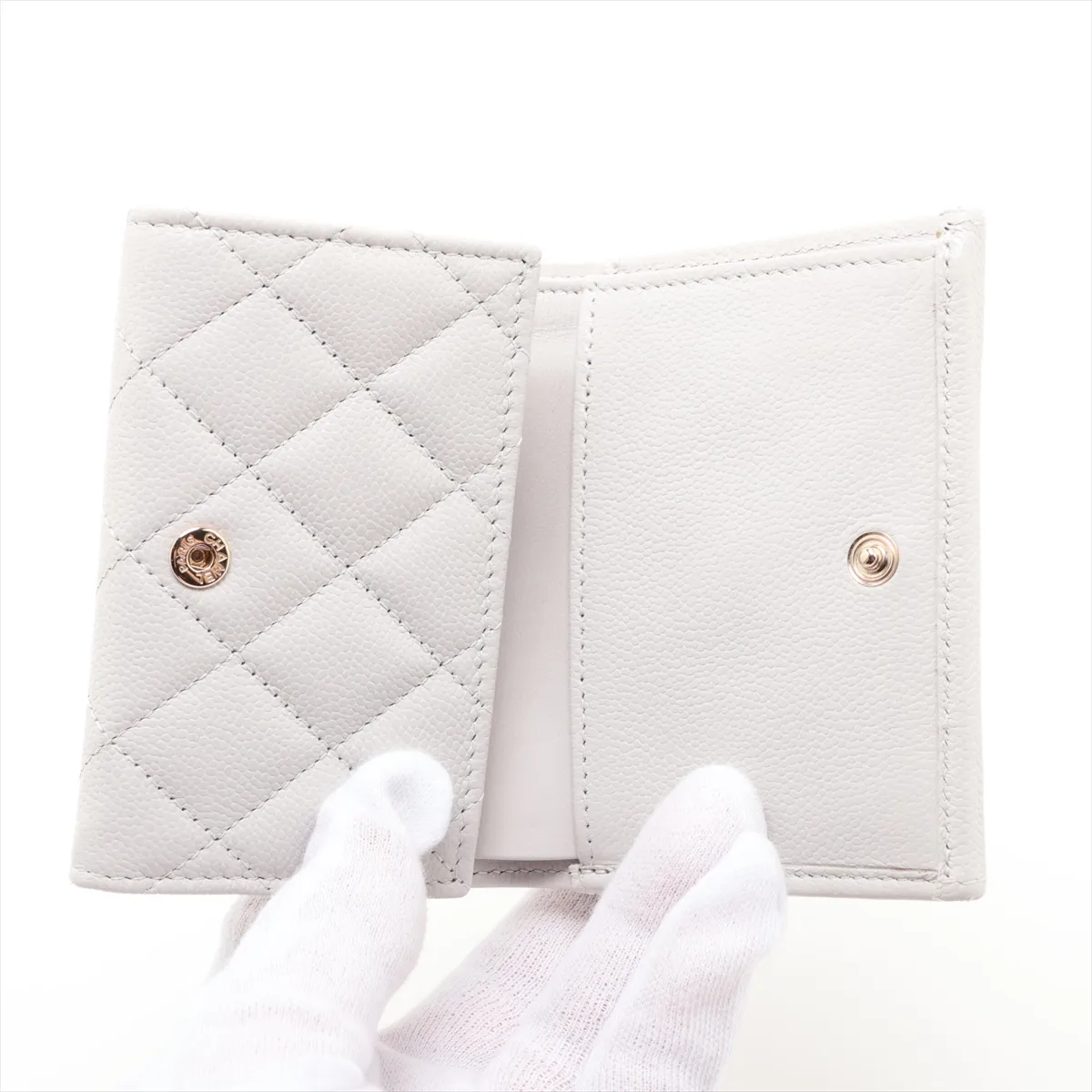 Matelassé Caviar Skin Compact Wallet, Gray with Gold Hardware, LH53AU7K — view 3