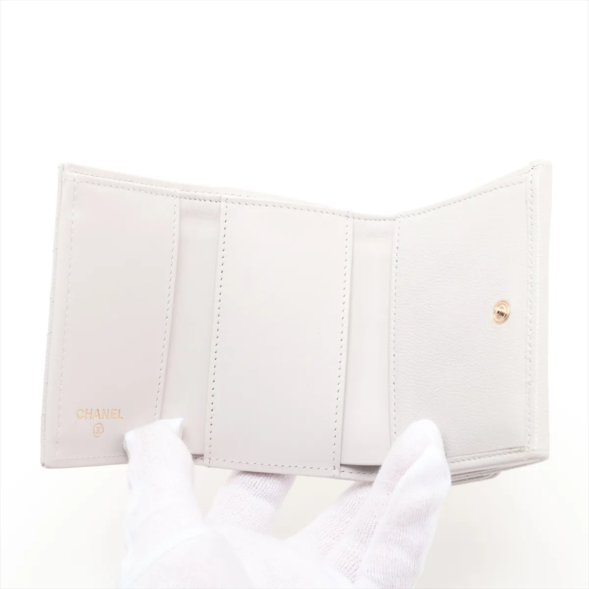 Matelassé Caviar Skin Compact Wallet, Gray with Gold Hardware, LH53AU7K — view 4