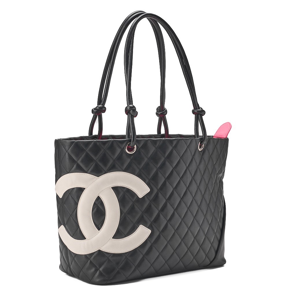 Calf Leather Cambon Line Tote Bag, White x Black — view 2