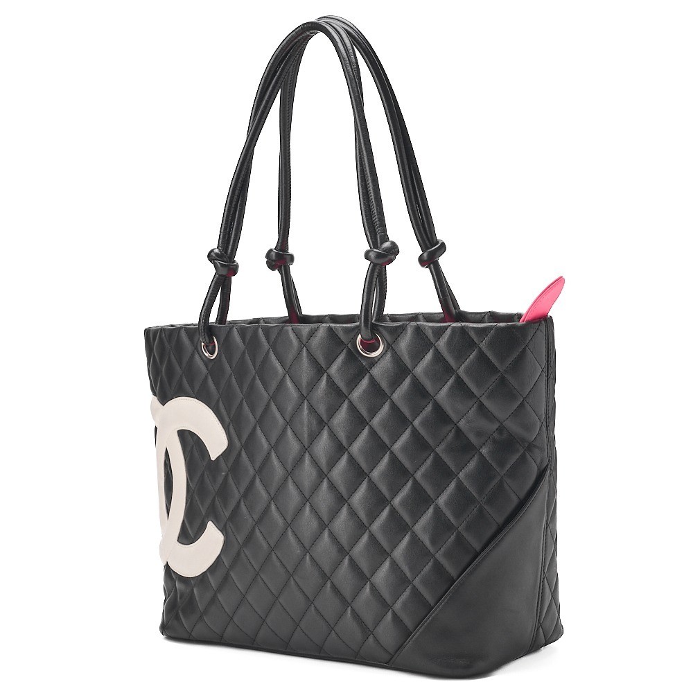Calf Leather Cambon Line Tote Bag, White x Black — view 3