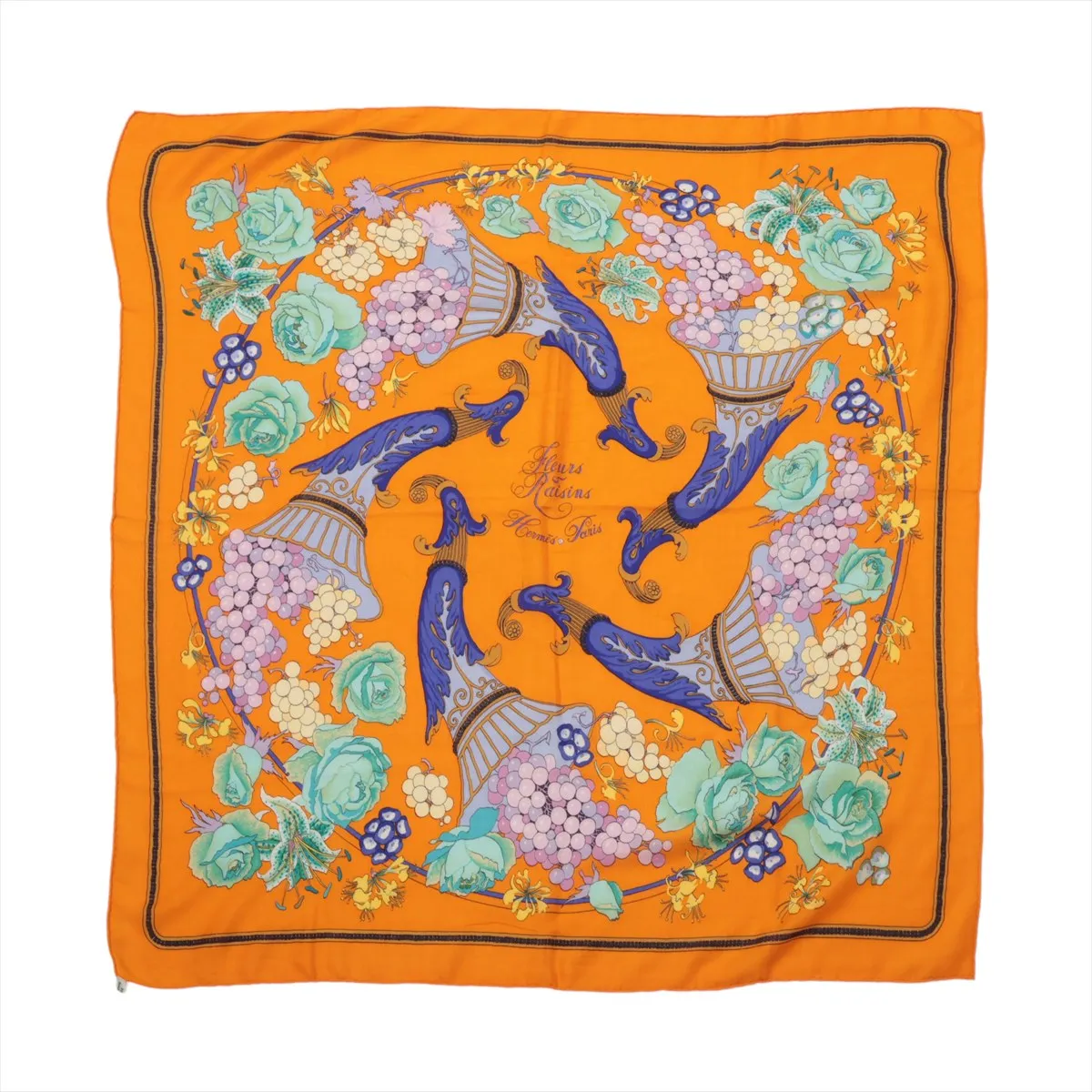 Carre 90 Fleurs Raisins Grape Flower Scarf Cashmere x Silk Orange
