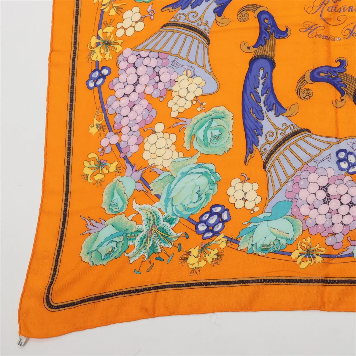 Carre 90 Fleurs Raisins Grape Flower Scarf Cashmere x Silk Orange — view 5