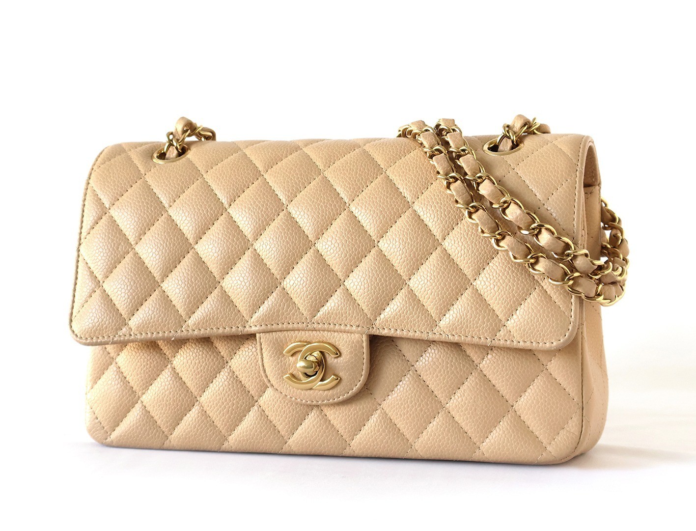 Caviar leather Matelassé 25 Double flap Double chain shoulder bag, beige