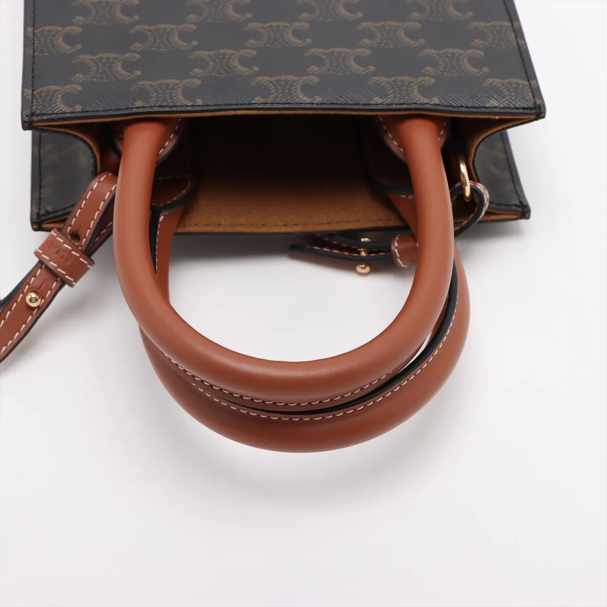 Triomphe Mini Vertical Cabas PVC x Leather 2-Way Handbag Brown — view 5