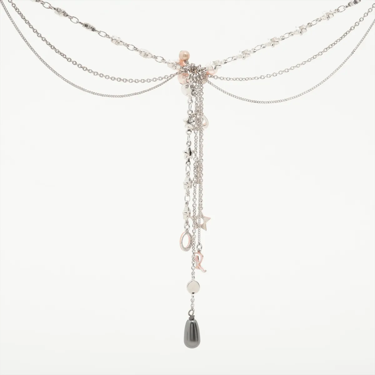 Multistrand Necklace, Metal x Rhinestone x Faux Pearl, Silver. Shows signs of wear, — view 2