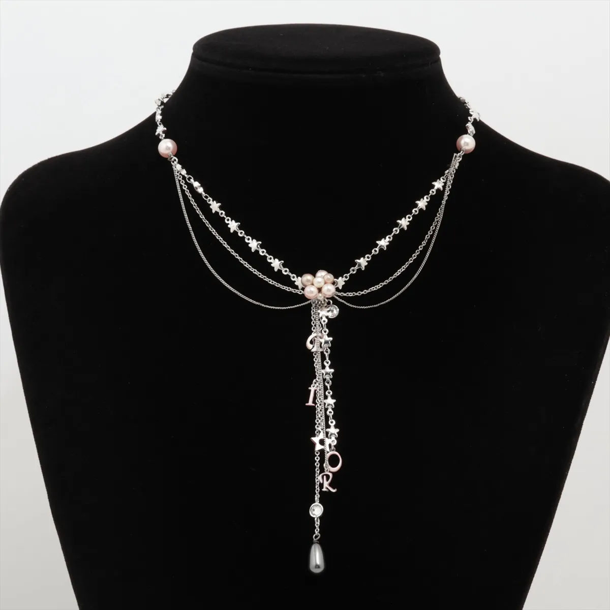 Multistrand Necklace, Metal x Rhinestone x Faux Pearl, Silver. Shows signs of wear, — view 5