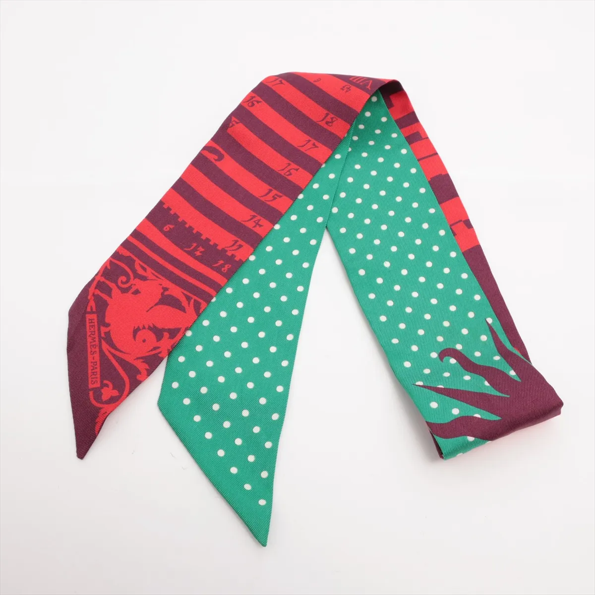 Twilly Astrologie a Pois (Astrology) Dot Scarf, Silk, Red x Green. Shows signs of wear,