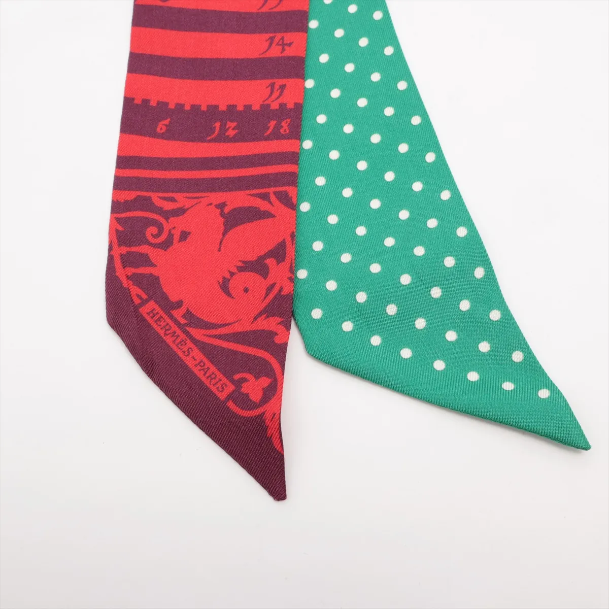 Twilly Astrologie a Pois (Astrology) Dot Scarf, Silk, Red x Green. Shows signs of wear, — view 2