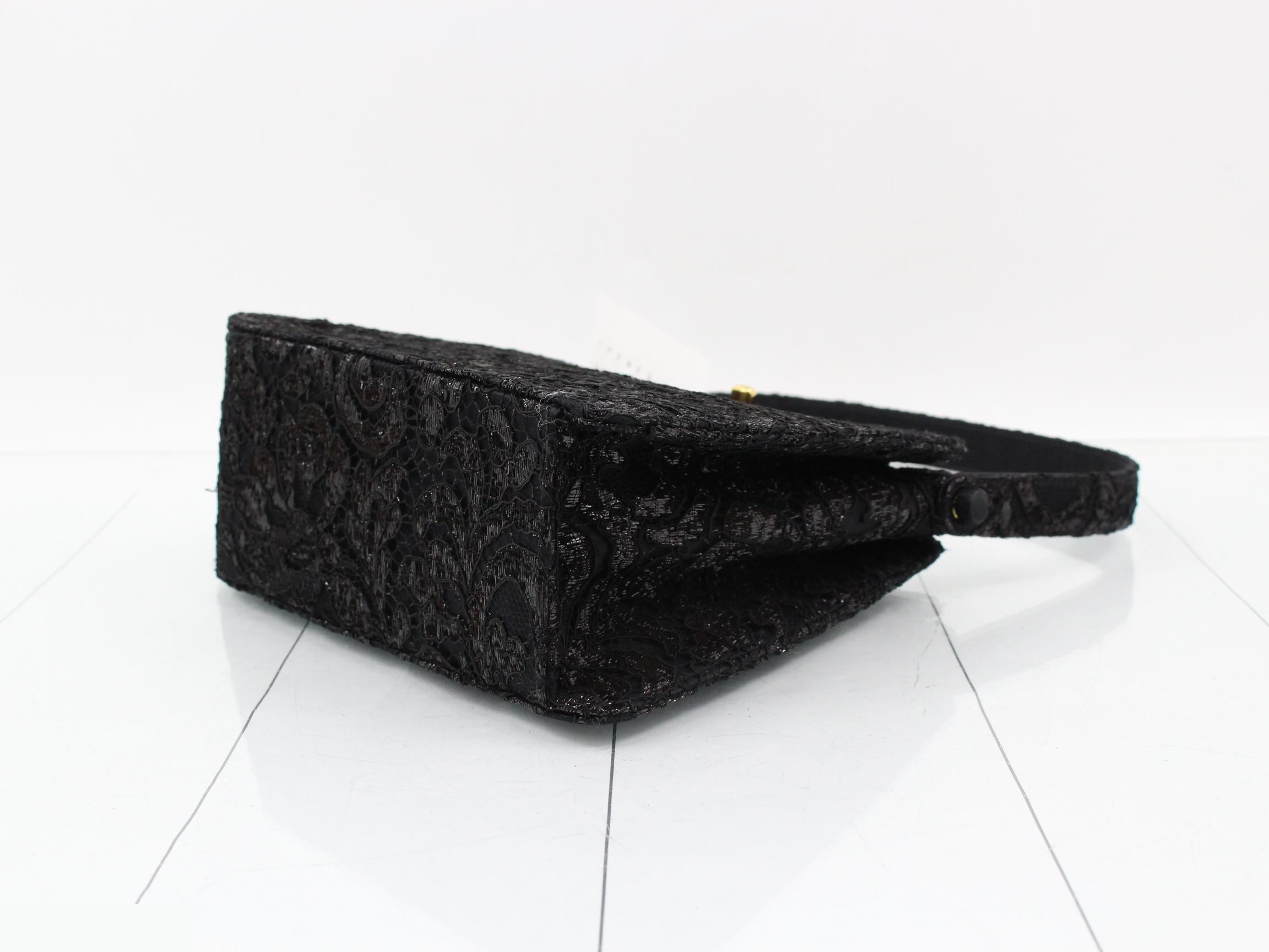 Satin, beaded, lace handbag, black, gold-tone hardware. — view 6