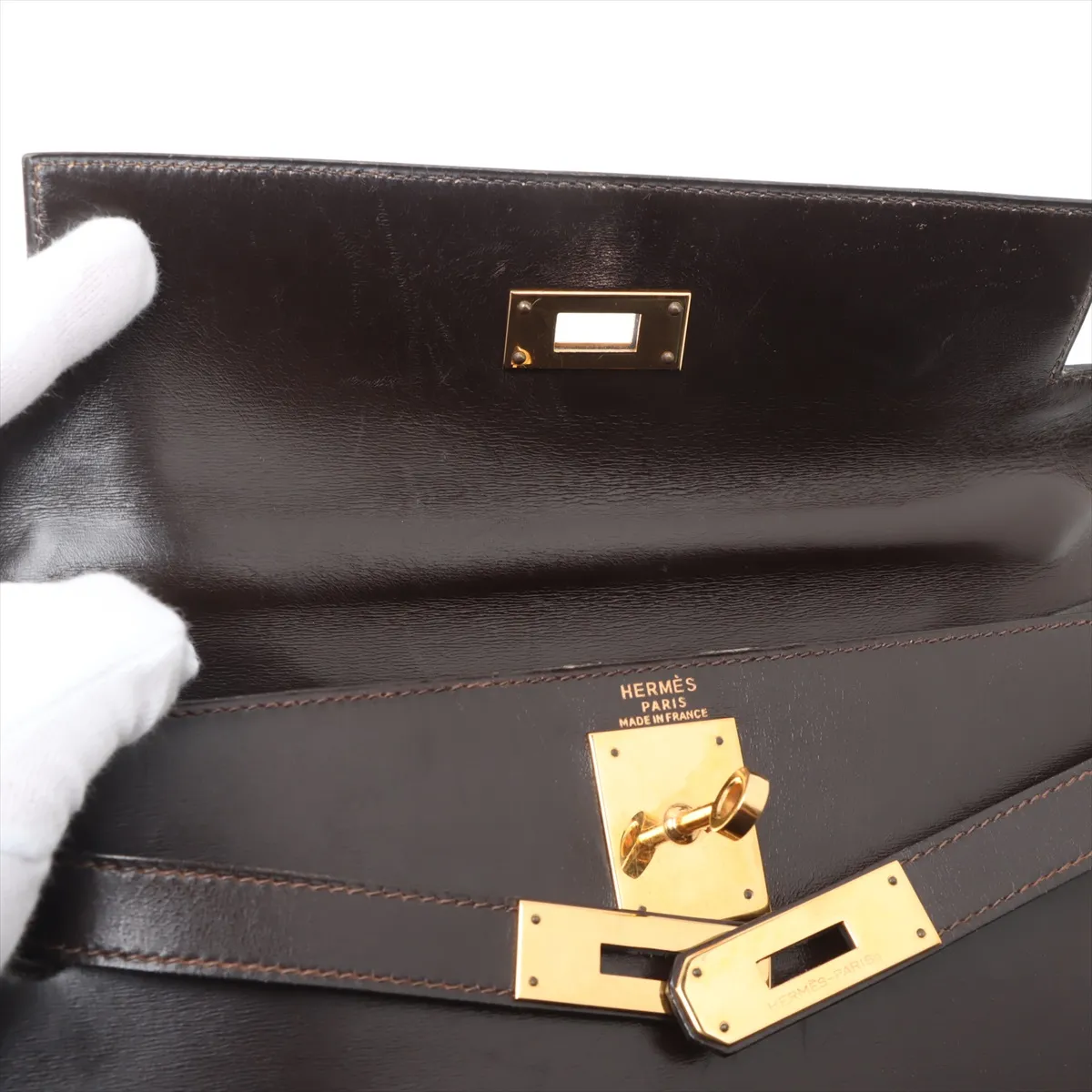[Individually wrapped] Hermes Kelly 28 Serie Box Calf Chocolat Gold hardware R:1988 — view 12