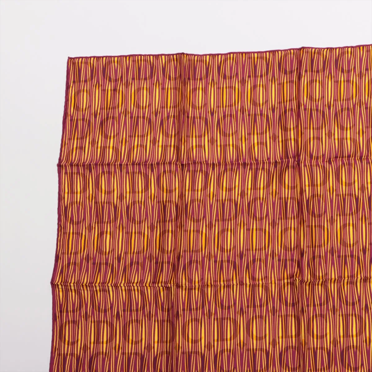 scarf, silk, burgundy x yellow, with some wear, snags, and wrinkles. — view 2