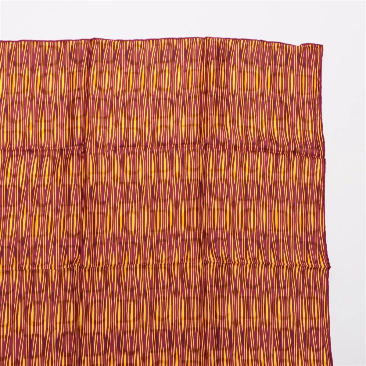 scarf, silk, burgundy x yellow, with some wear, snags, and wrinkles. — view 3