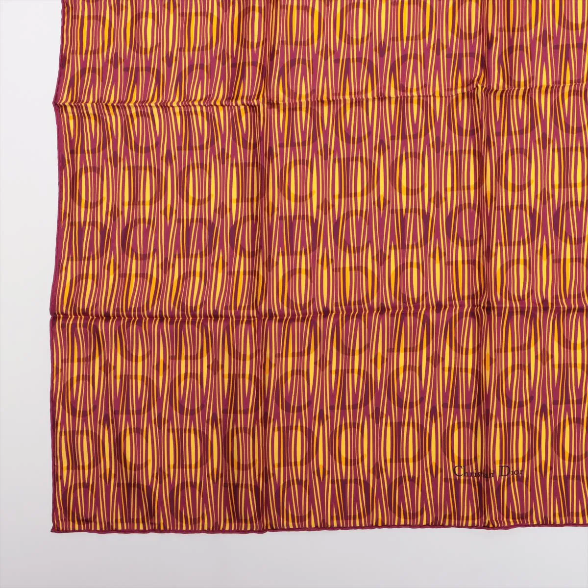 scarf, silk, burgundy x yellow, with some wear, snags, and wrinkles. — view 5