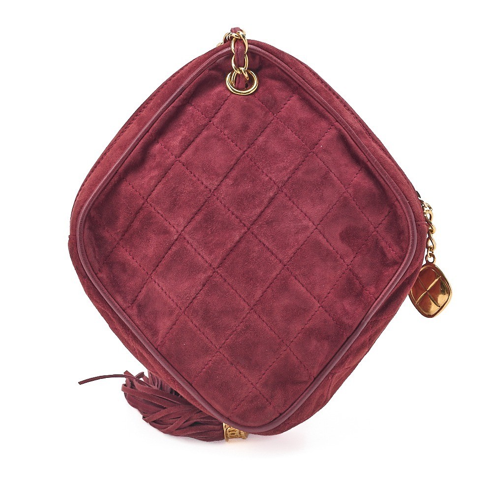 Suede fringe diamond-shaped chain shoulder bag, red, gold hardware. — view 2