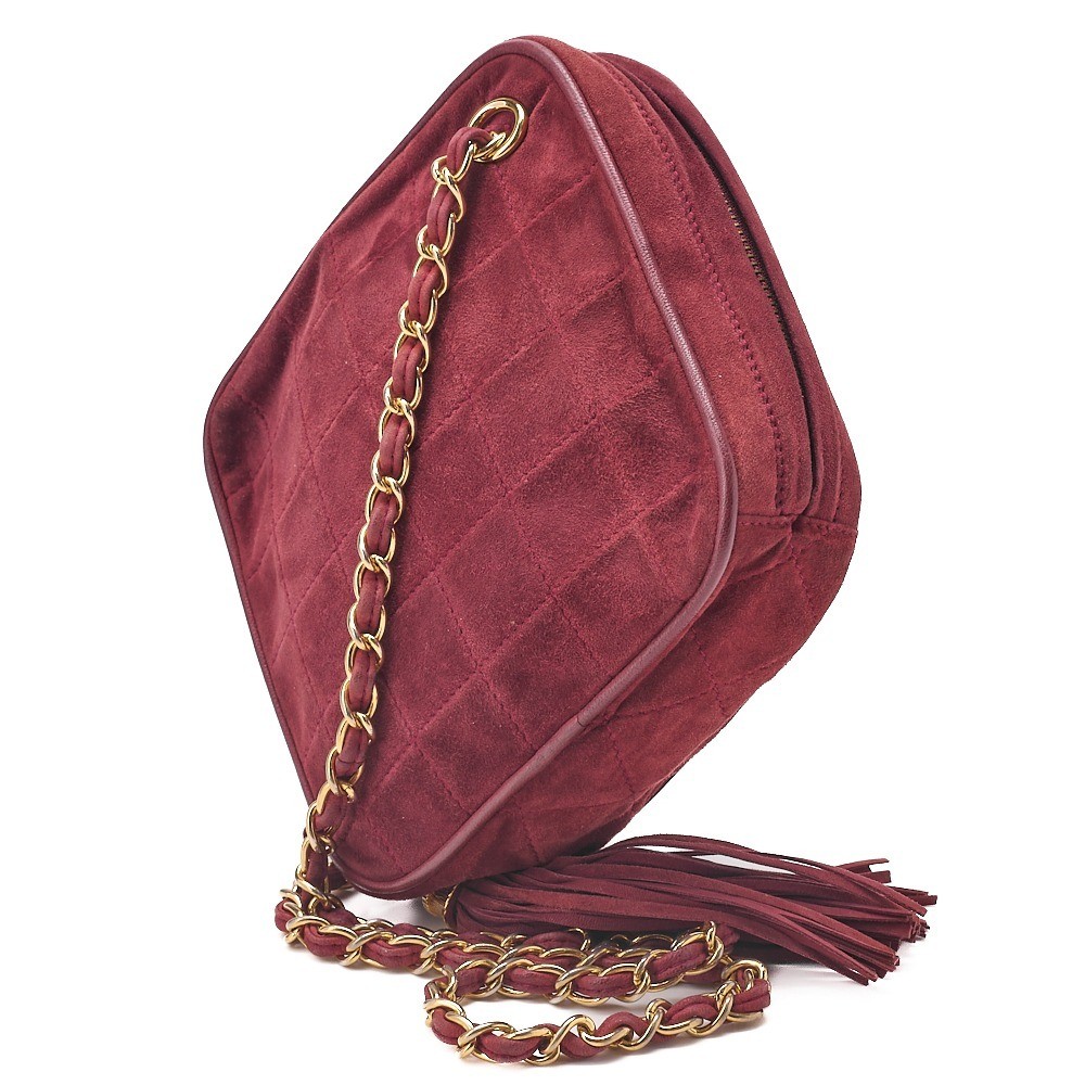 Suede fringe diamond-shaped chain shoulder bag, red, gold hardware. — view 4