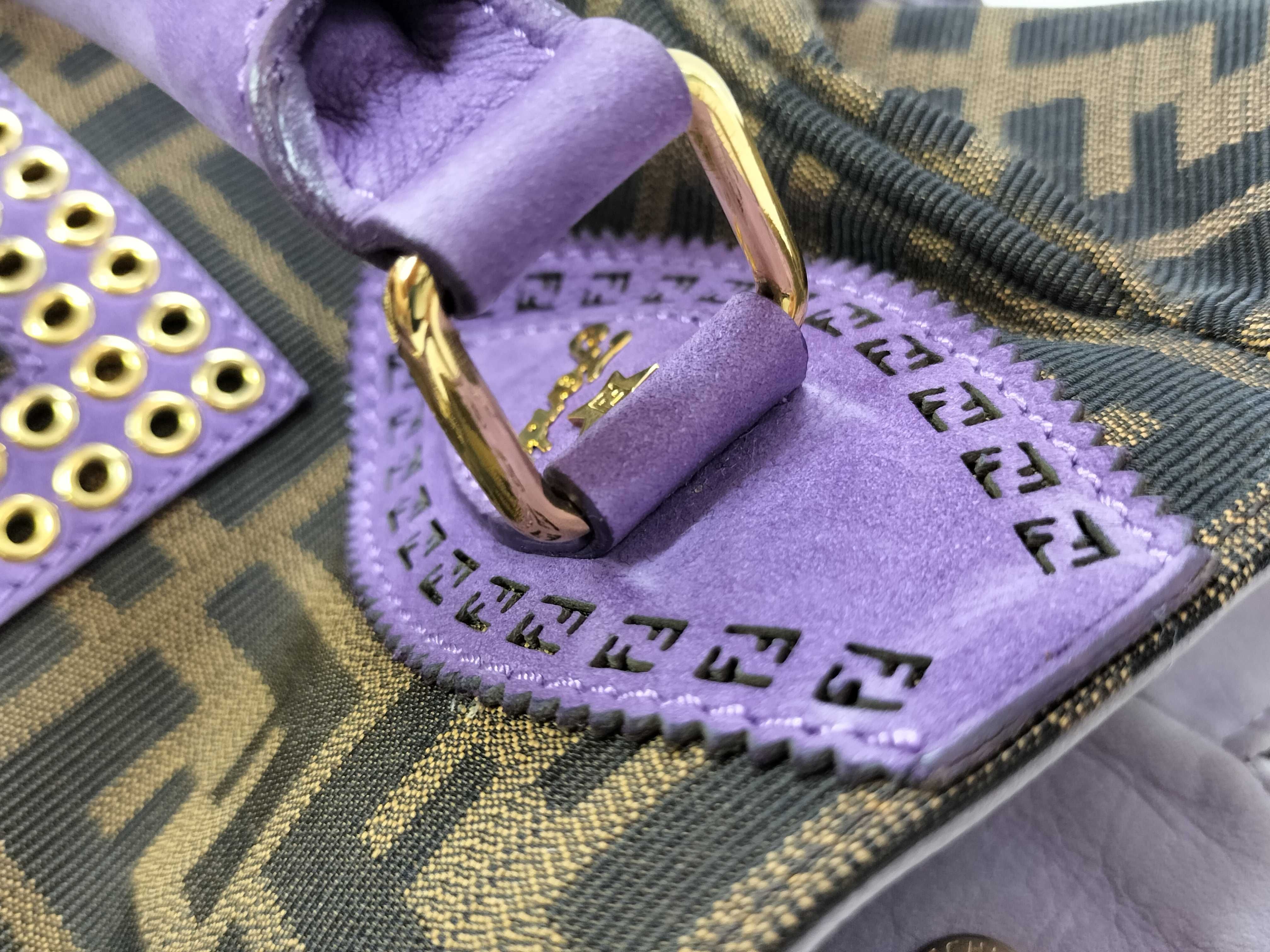 Zucca pattern Fendi Zucca Etnico suede studded logo charm chain gold hardware BN157 handbag tote bag with tags — view 5