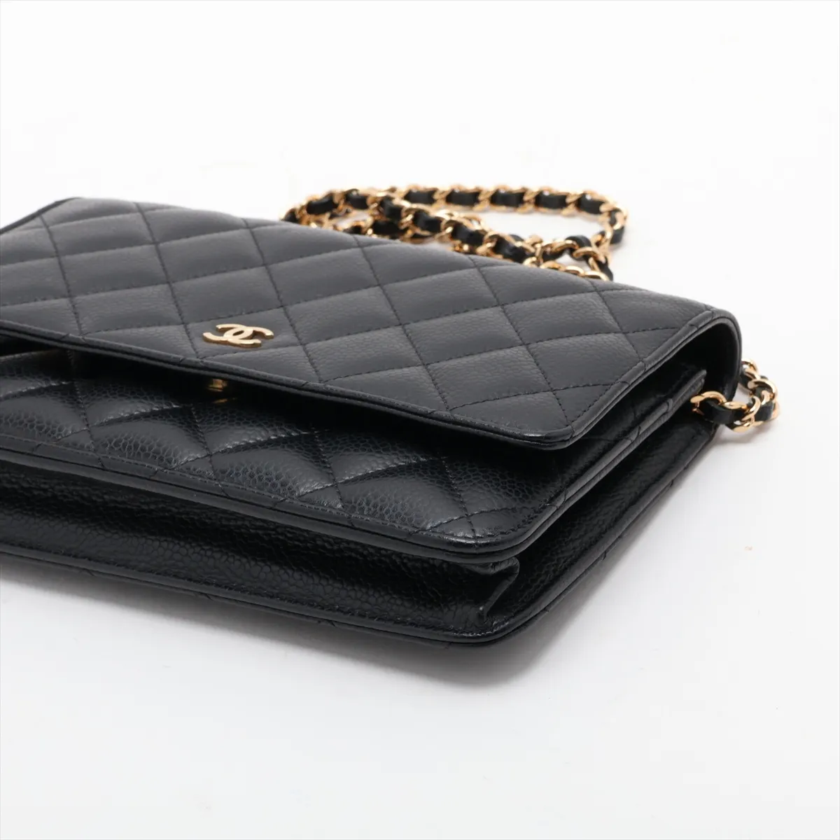 Matelassé Caviar Skin Chain Wallet, Black with Gold Hardware, TG3A97H1, Random Plate, AP0250 — view 3