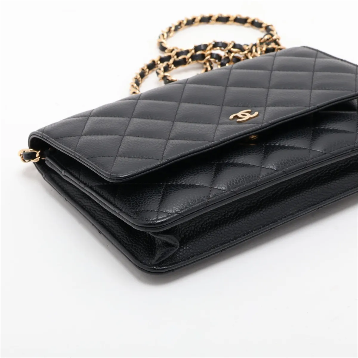 Matelassé Caviar Skin Chain Wallet, Black with Gold Hardware, TG3A97H1, Random Plate, AP0250 — view 4