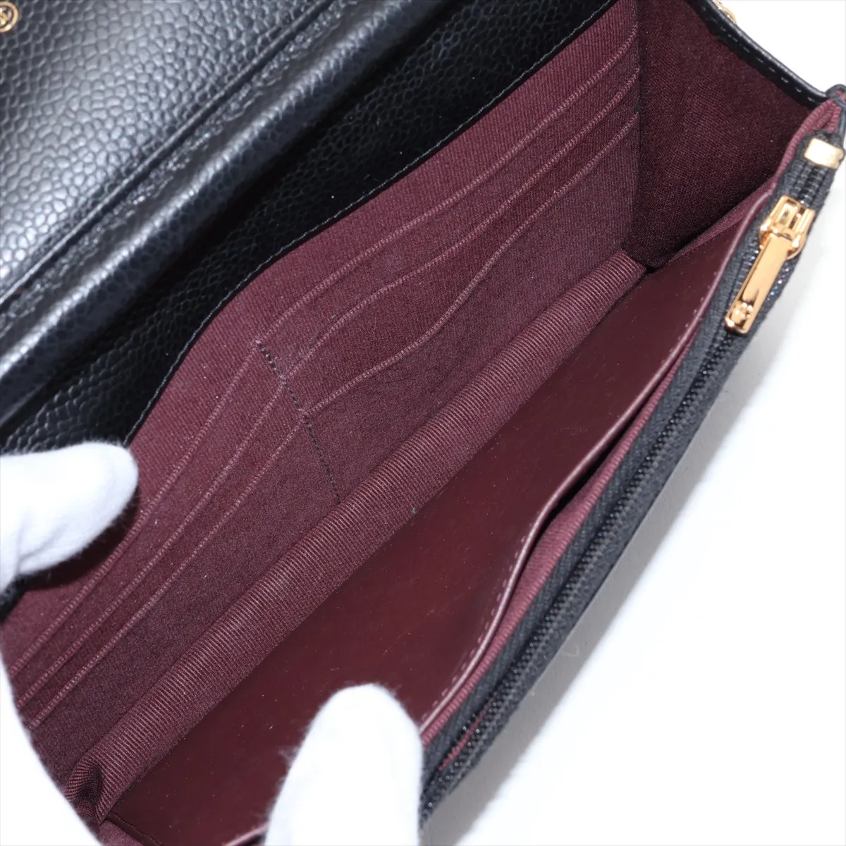 Matelassé Caviar Skin Chain Wallet, Black with Gold Hardware, TG3A97H1, Random Plate, AP0250 — view 6