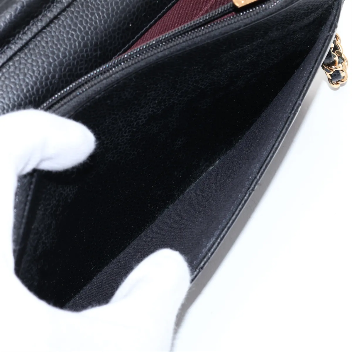 Matelassé Caviar Skin Chain Wallet, Black with Gold Hardware, TG3A97H1, Random Plate, AP0250 — view 8