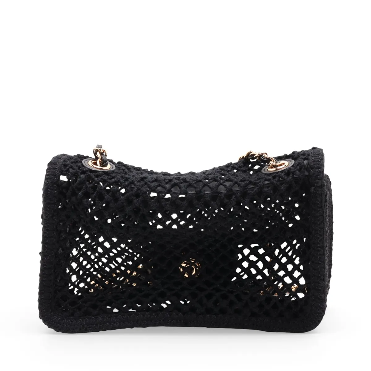 Coco Beach Mesh x Leather Single Flap Single Chain Bag, Black with Gold Hardware, L64E0EG7, Random Plate — view 2