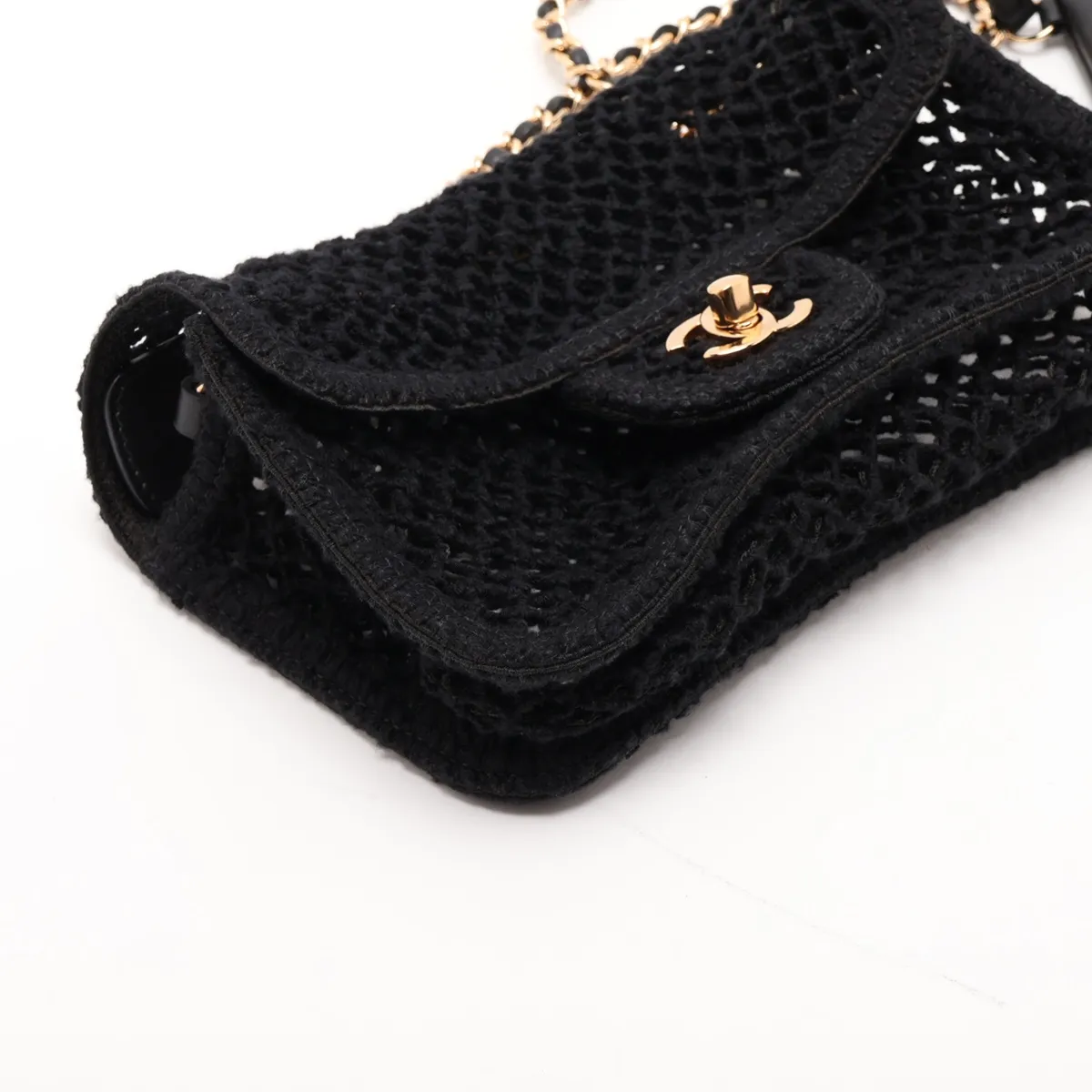 Coco Beach Mesh x Leather Single Flap Single Chain Bag, Black with Gold Hardware, L64E0EG7, Random Plate — view 4