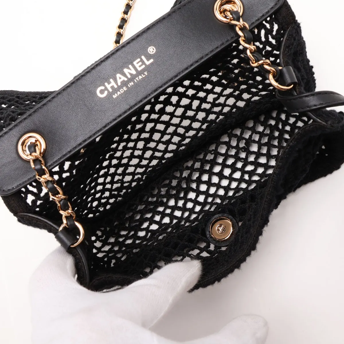 Coco Beach Mesh x Leather Single Flap Single Chain Bag, Black with Gold Hardware, L64E0EG7, Random Plate — view 6