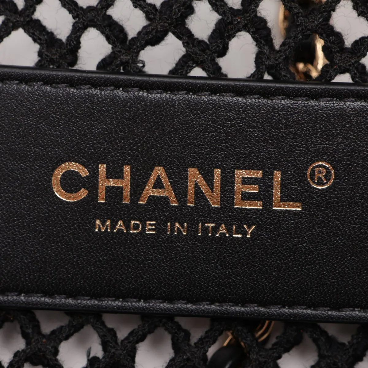 Coco Beach Mesh x Leather Single Flap Single Chain Bag, Black with Gold Hardware, L64E0EG7, Random Plate — view 8